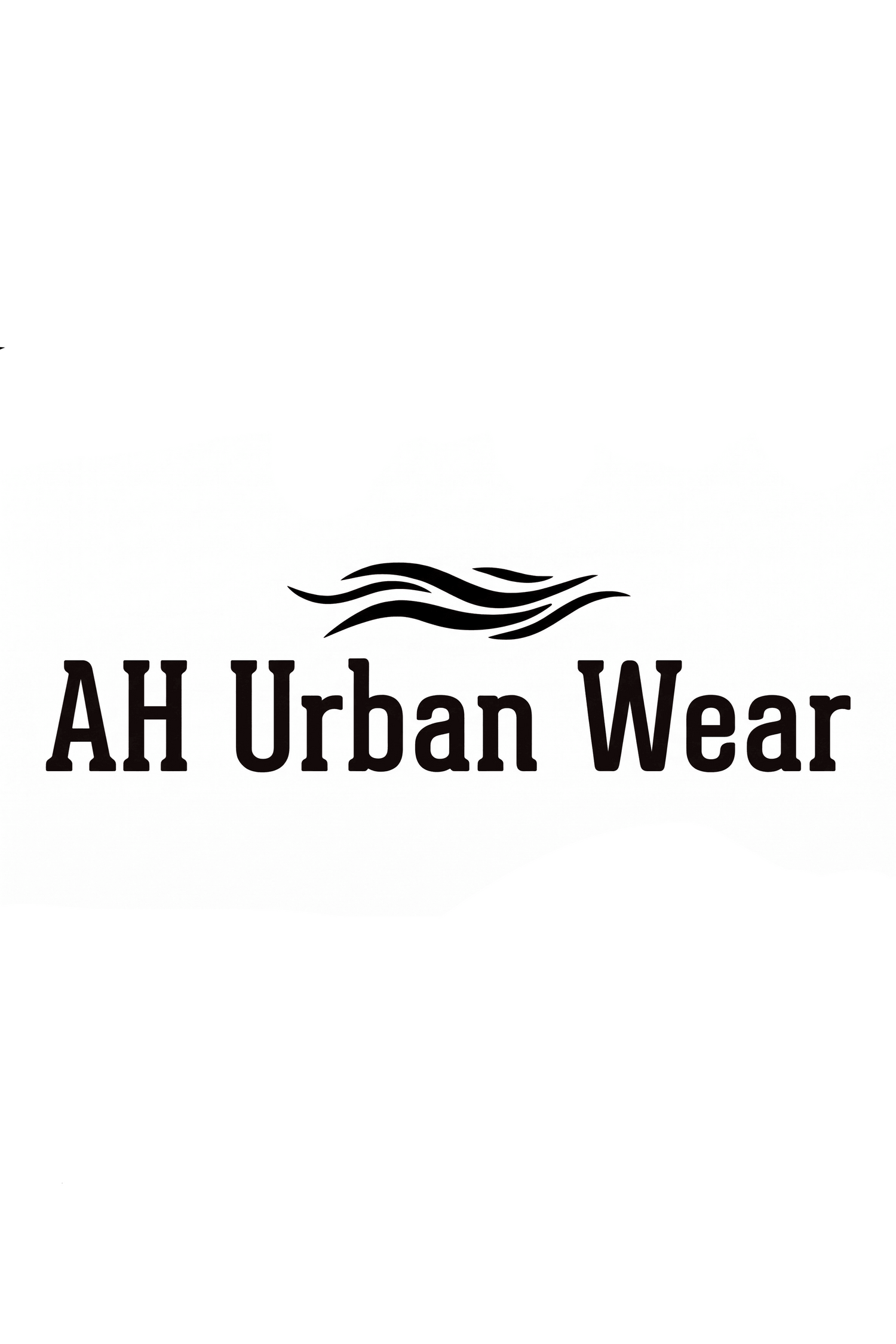 A black and white graphic featuring the text 'AH Urban Wear' with a stylized wave logo above it, centered on a white horizontal band with black bars at the top and bottom.