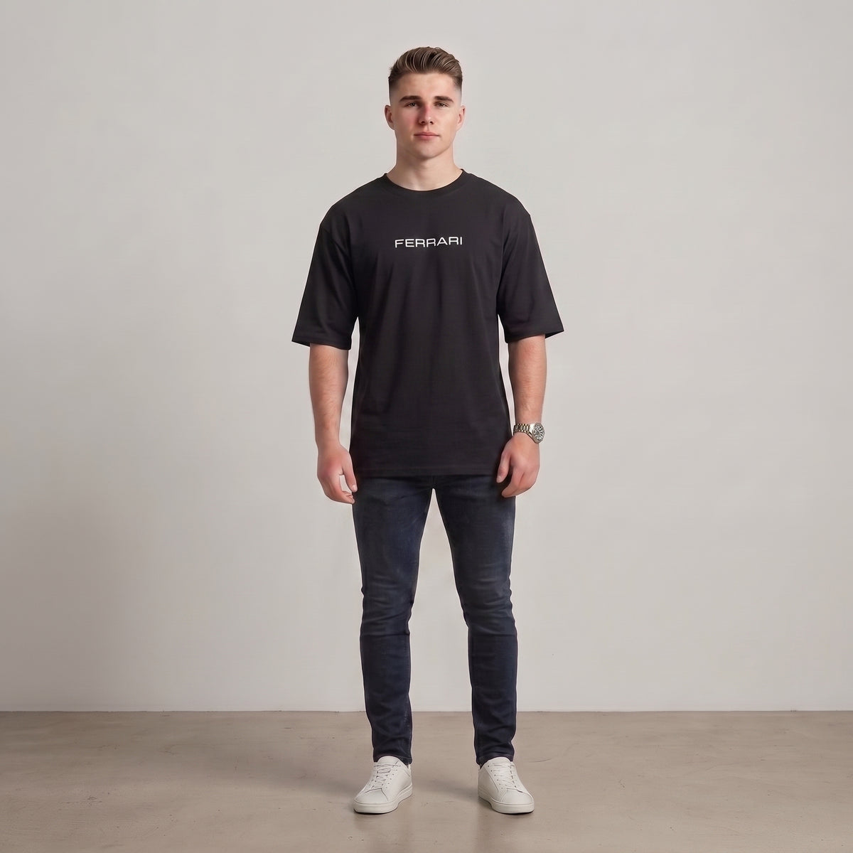 Black Ferrari drop shoulder T-shirt with Ferrari text on front with Ferrari text on front l AH Urban Wear