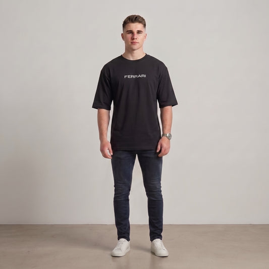 Black Ferrari drop shoulder T-shirt with Ferrari text on front with Ferrari text on front l AH Urban Wear