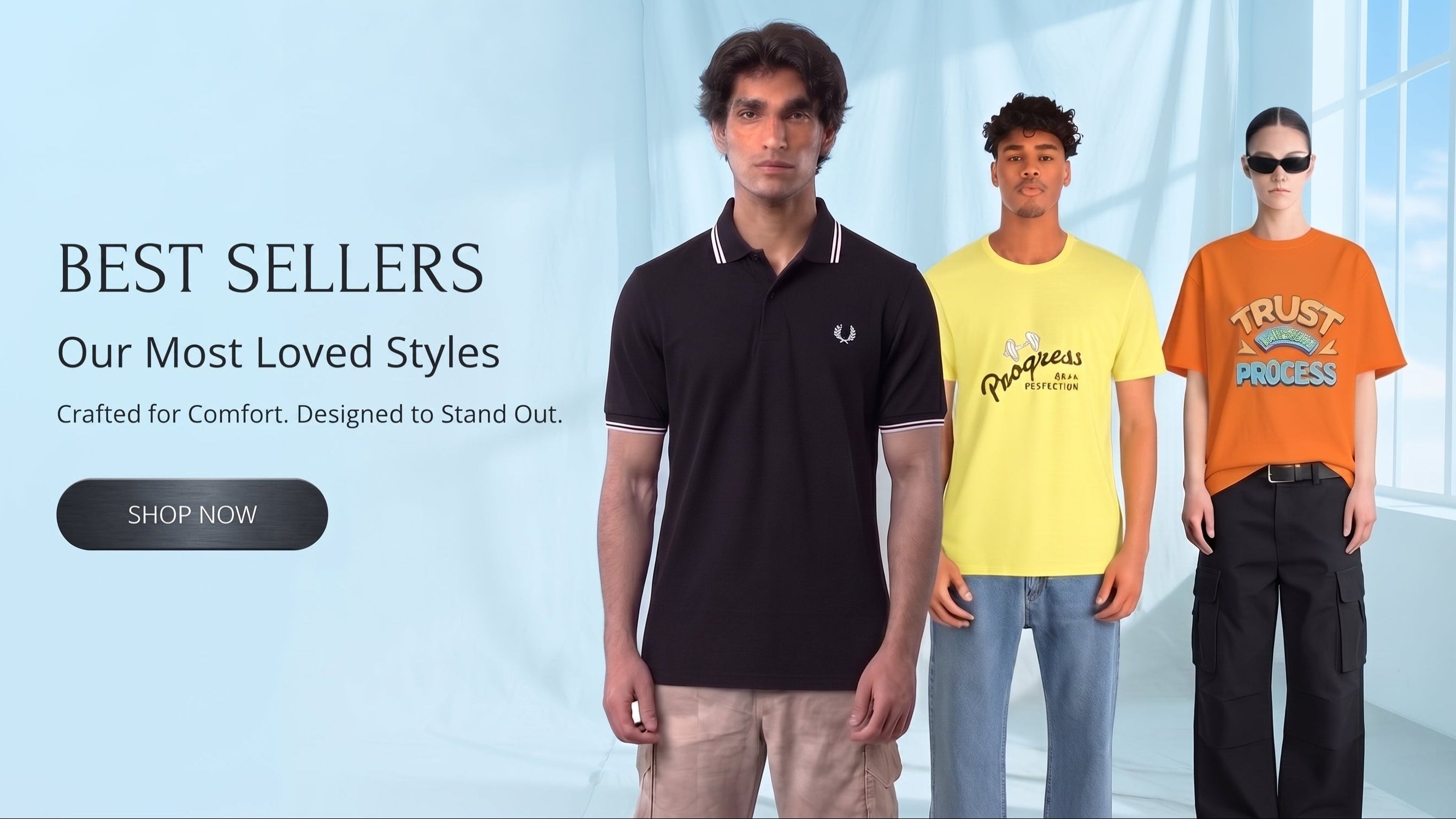 Three male models standing against a bright light blue studio background, wearing different apparel: a black polo shirt, a yellow graphic T-shirt, and an orange graphic T-shirt. Large text on the left reads 'BEST SELLERS' with a 'SHOP NOW' button below. l AH Urban Wear Pk