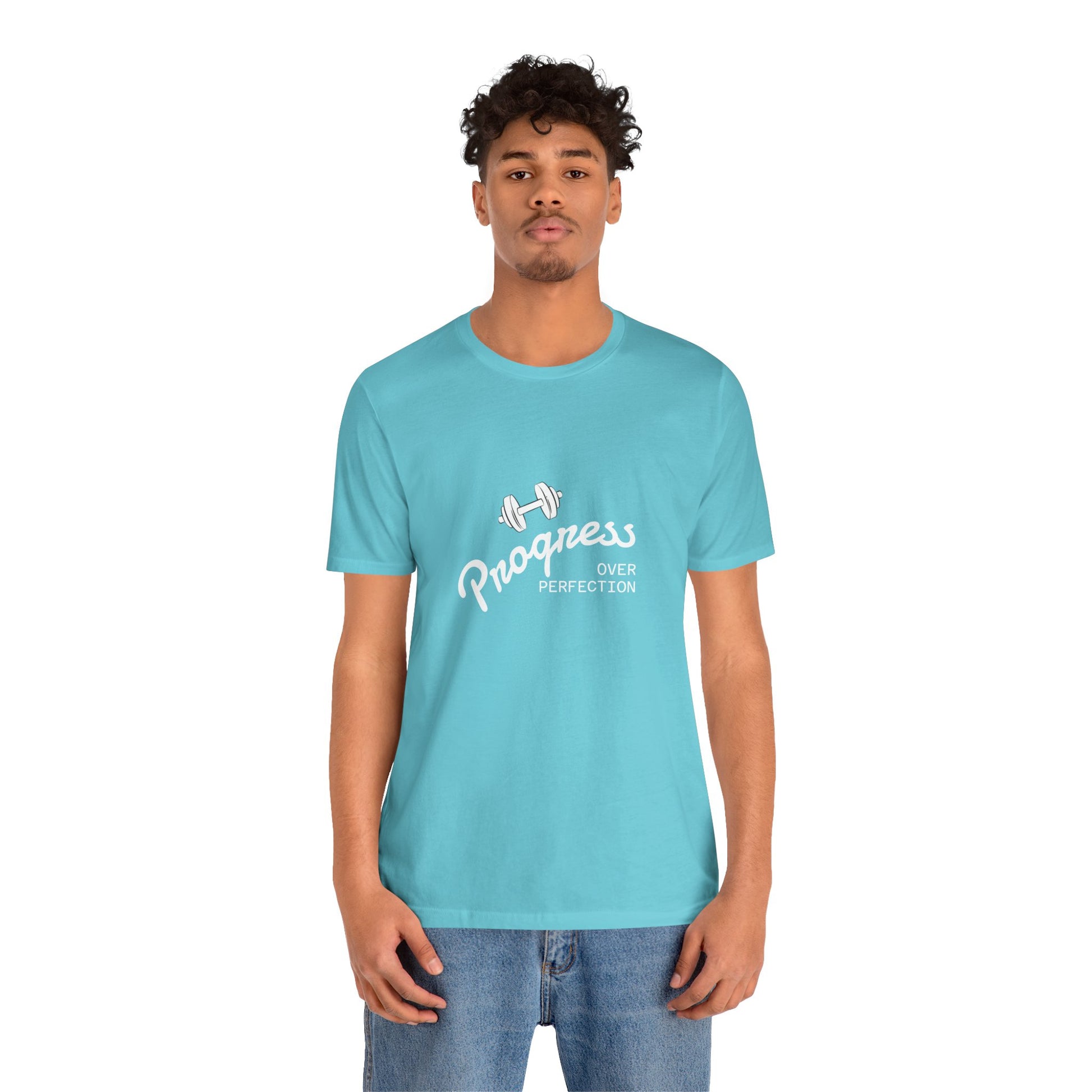 men wearing a light blue t-shirt with a font written "progress over perfection" | AH Urban Wear PK