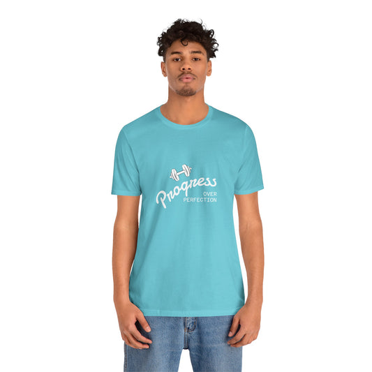 men wearing a light blue t-shirt with a font written "progress over perfection" | AH Urban Wear PK