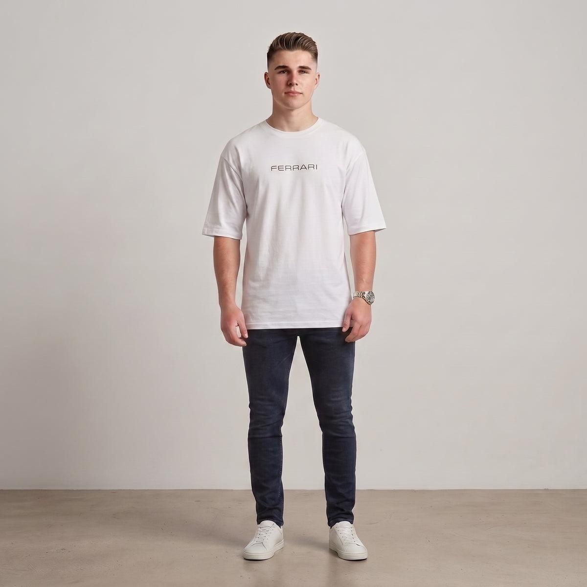 White Ferrari drop shoulder T-shirt with Ferrari text on front l AH Urban Wear