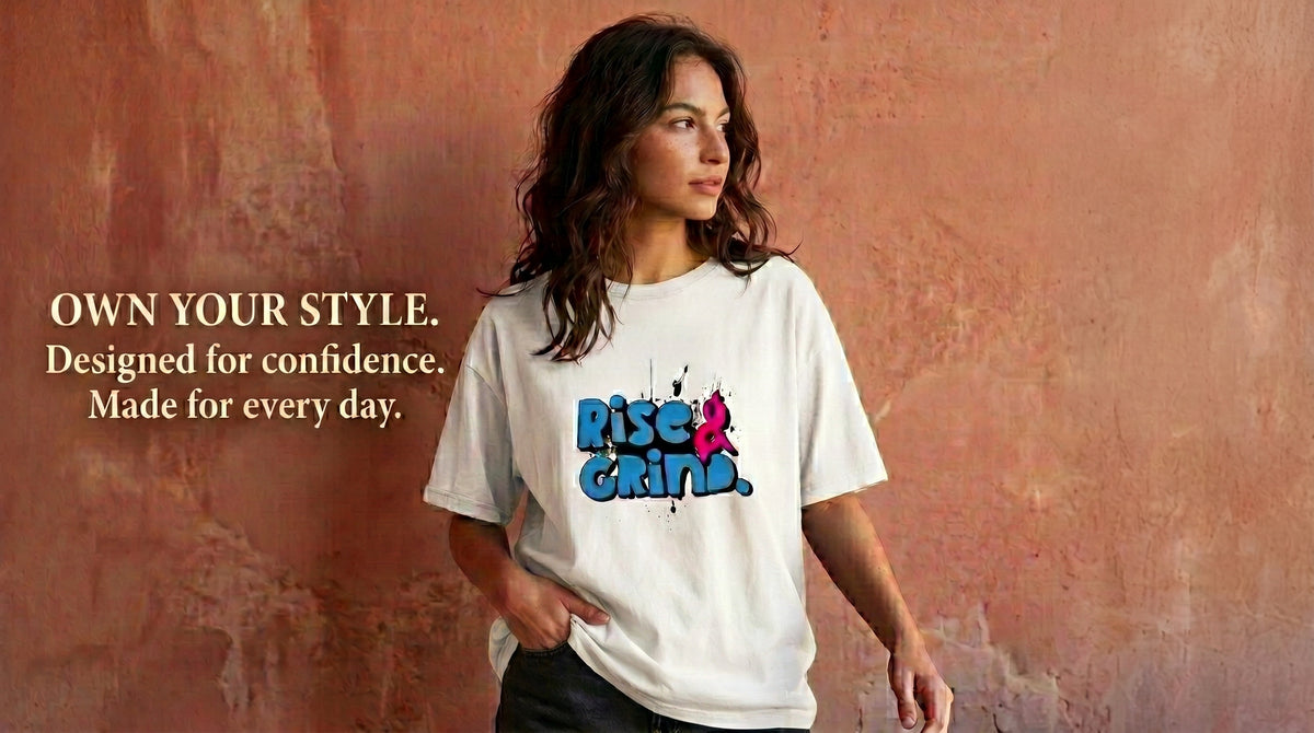 A woman wearing a white graphic t-shirt with a colorful 'Rise Grind' logo, standing against a textured terracotta wall with promotional text on the left. l AH Urban Wear