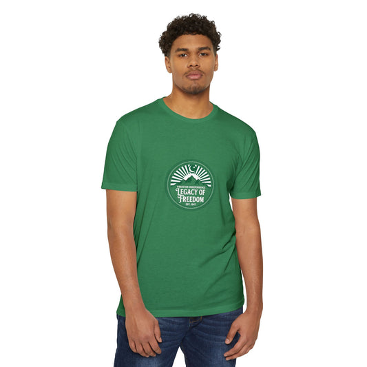 Man wearing a blue t-shirt with ' Pakistan Independence Legacy Of Freedom' graphic design on a white background l AH Urban Wear Pk