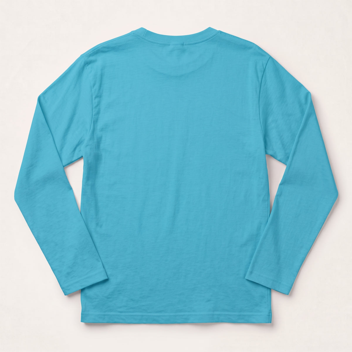 A bright turquoise blue long-sleeve t-shirt shown from the back, laid flat against a light beige background l AH Urban Wear