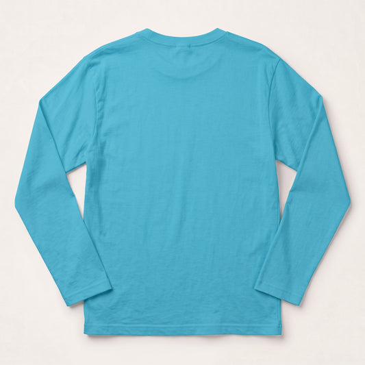 A bright turquoise blue long-sleeve t-shirt shown from the back, laid flat against a light beige background l AH Urban Wear