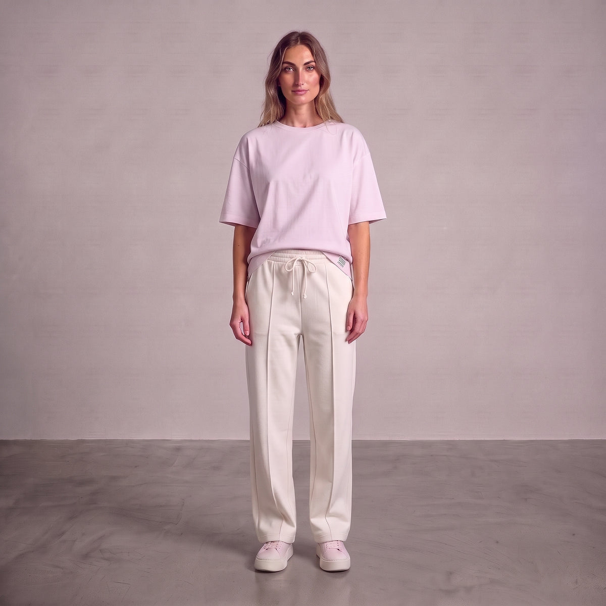 A woman stands facing forward in a studio setting, wearing a light pink short-sleeve t-shirt and white color baggy trouser with white sneakers l AH Urban Wear