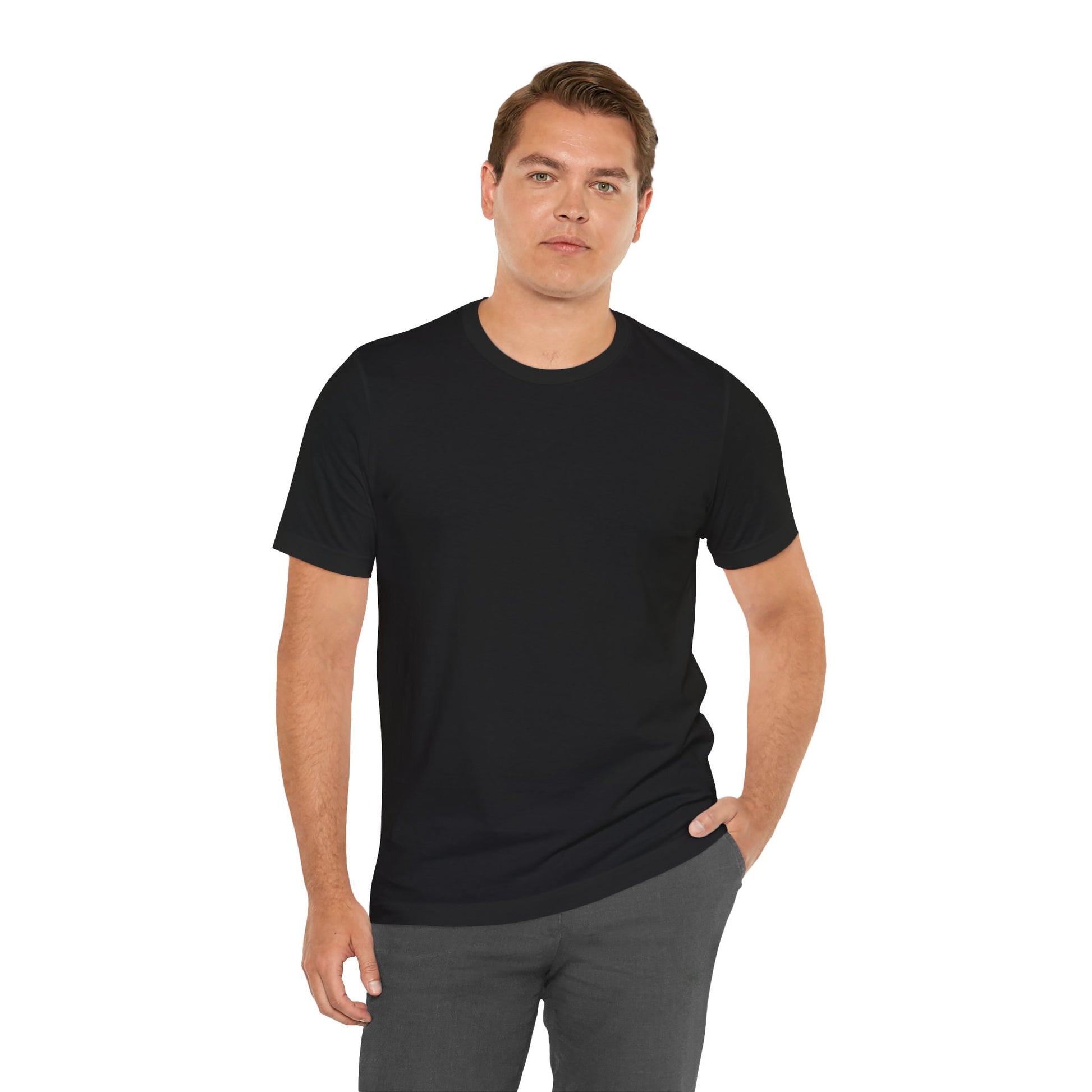 Man wearing a plain black t-shirt with text on a white background | AH Urban Wear PK