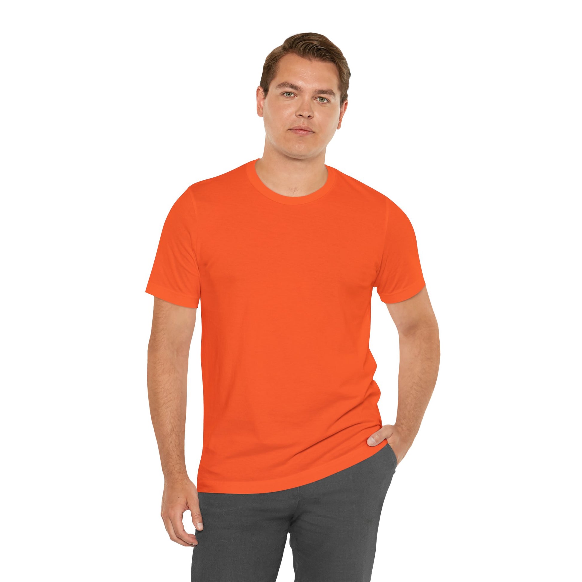 Man wearing a plain orange t-shirt with a design on a white background | AH Urban Wear PK
