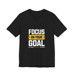 men black t-shirt with white and yellow text  written" focus on your goal" and t shirt on a white background | AH Urban Wear PK