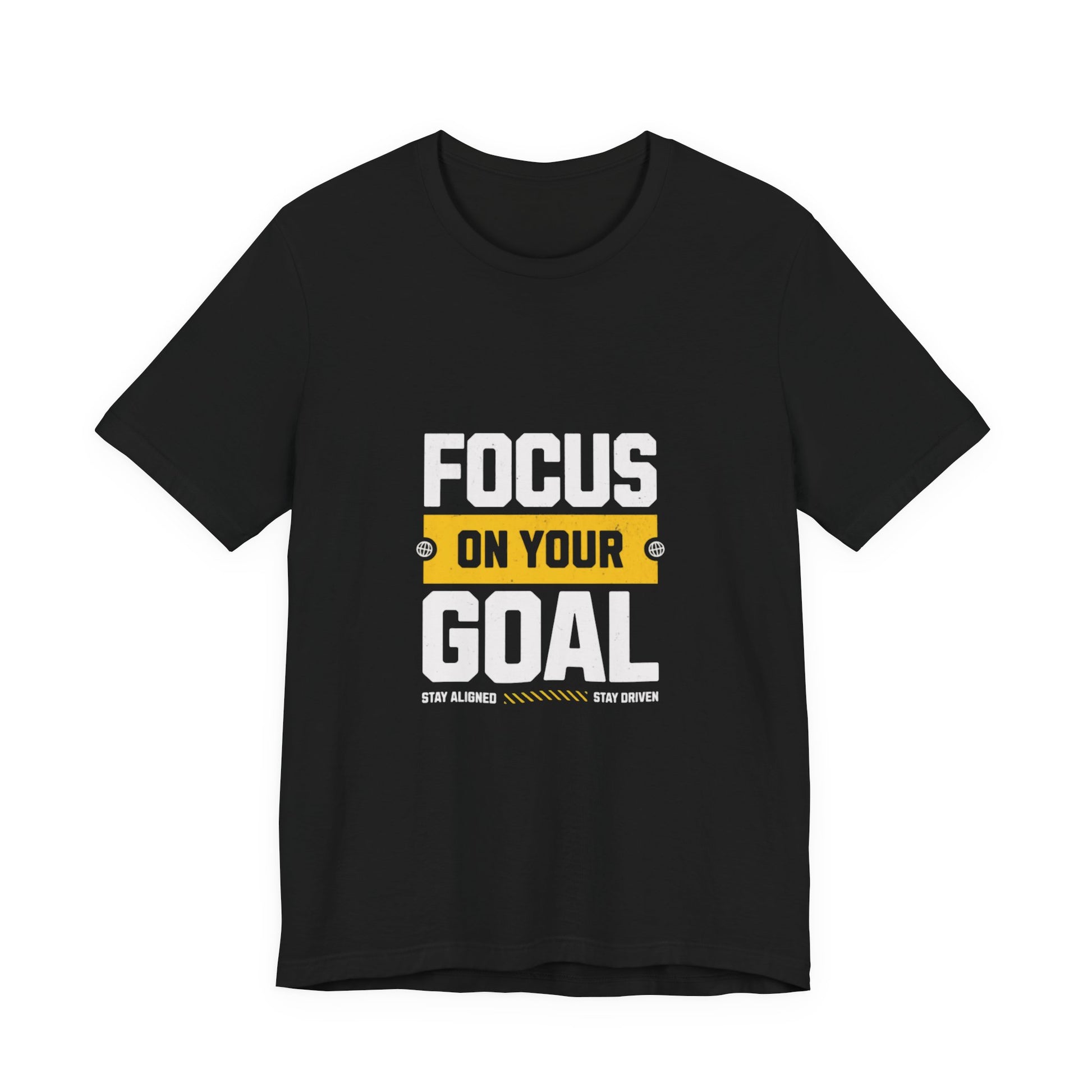 men black t-shirt with white and yellow text  written" focus on your goal" and t shirt on a white background | AH Urban Wear PK