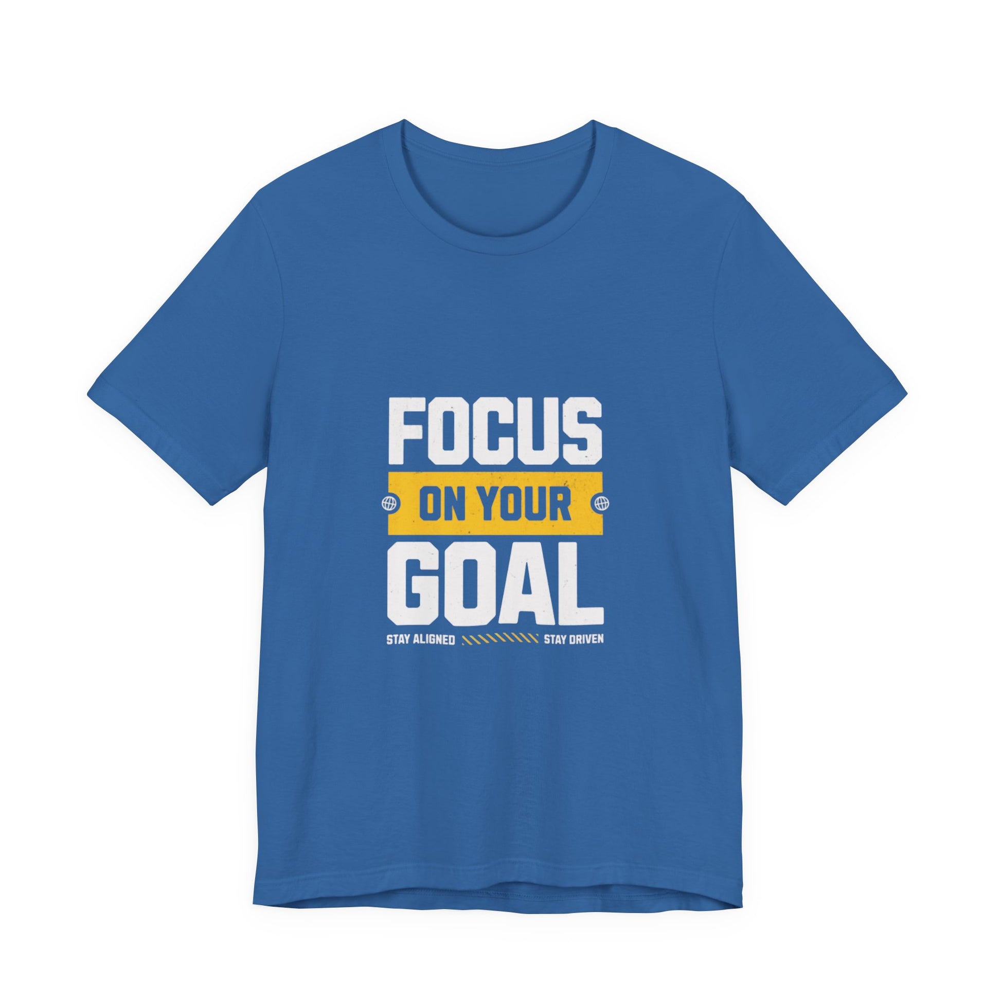 A blue short-sleeve crewneck t-shirt with a graphic on the chest that reads 'FOCUS ON YOUR GOAL' in white and yellow text, displayed on a solid white background | AH Urban Wear PK
