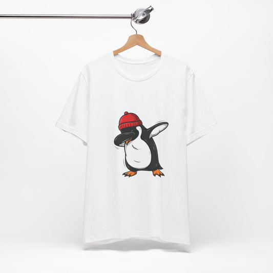 men white short-sleeve crewneck t-shirt hanging on a wooden hanger from a metal rail, featuring a cartoon penguin graphic wearing a red knit beanie | AH Urban Wear PK