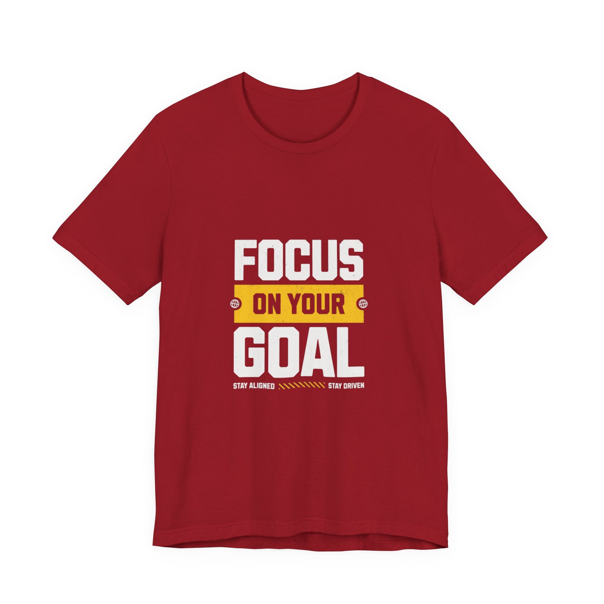 Men red short-sleeve crewneck t-shirt with a graphic print on the front that reads 'FOCUS ON YOUR GOAL' in white and yellow text, displayed on a solid white background | AH Urban Wear PK