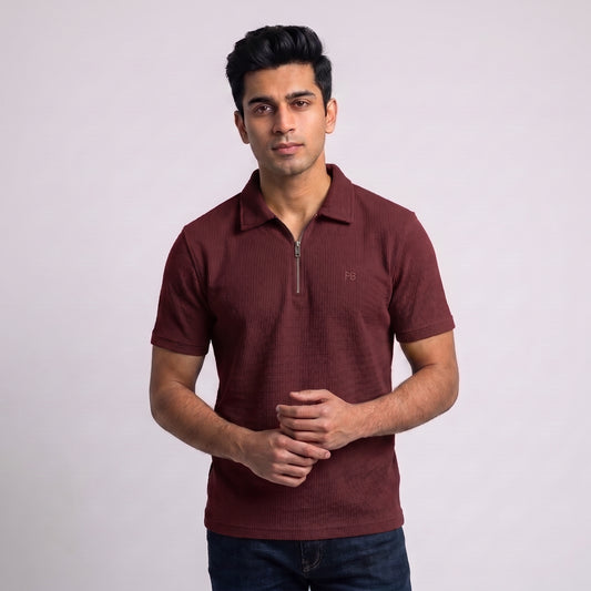 Men's maroon waffle-knit zipper polo shirt with short sleeves and collar l AH Urban Wear