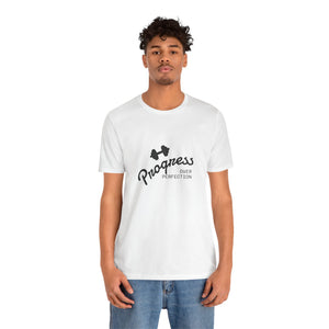 Men wearing a white t-shirt with black text "Progress over perfection" on a white background | AH Urban Wear PK