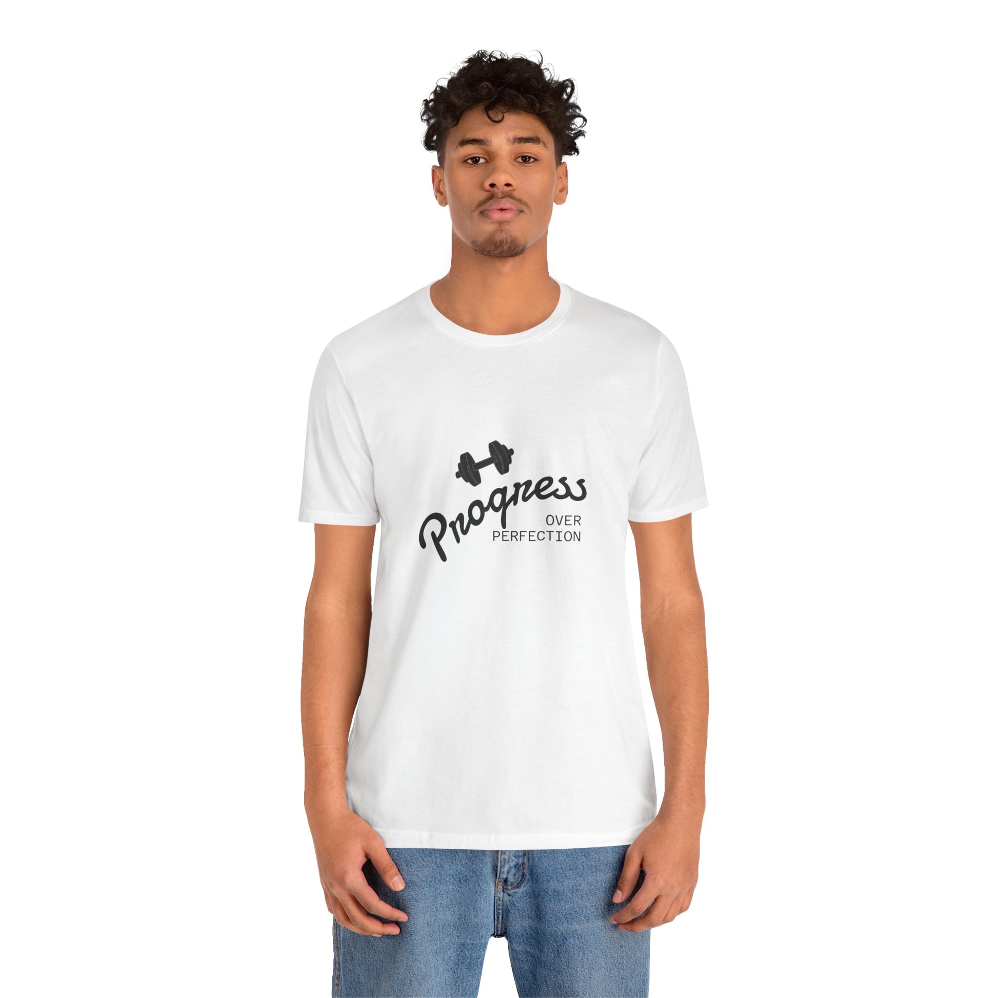 Men wearing a white t-shirt with black text "Progress over perfection" on a white background | AH Urban Wear PK