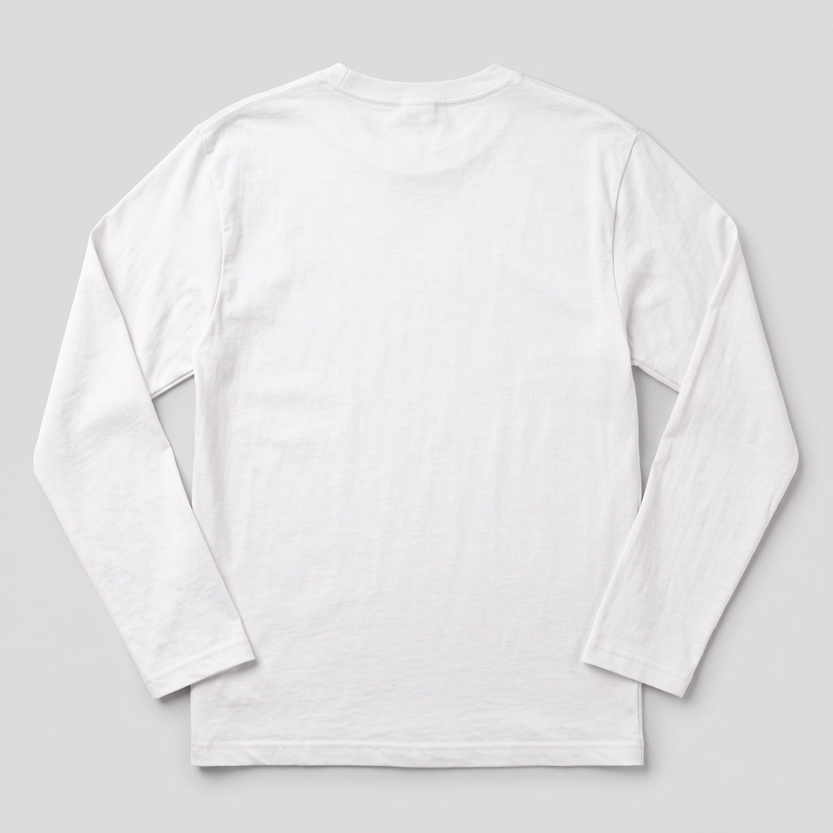 A plain white long-sleeve t-shirt shown from the back, laid flat against a neutral light gray background l AH Urban Wear