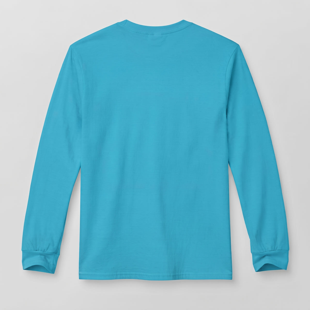 A bright turquoise blue long-sleeve crewneck t-shirt shown from the back, laid flat against a light gray background l AH Urban Wear
