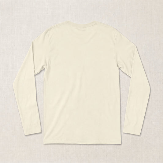 A plain cream-colored long-sleeve t-shirt shown from the back, laid flat on a textured light beige fabric background l AH Urban Wear