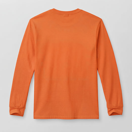 An orange long-sleeve crewneck t-shirt shown from the back, laid flat against a light gray background l AH Urban Wear