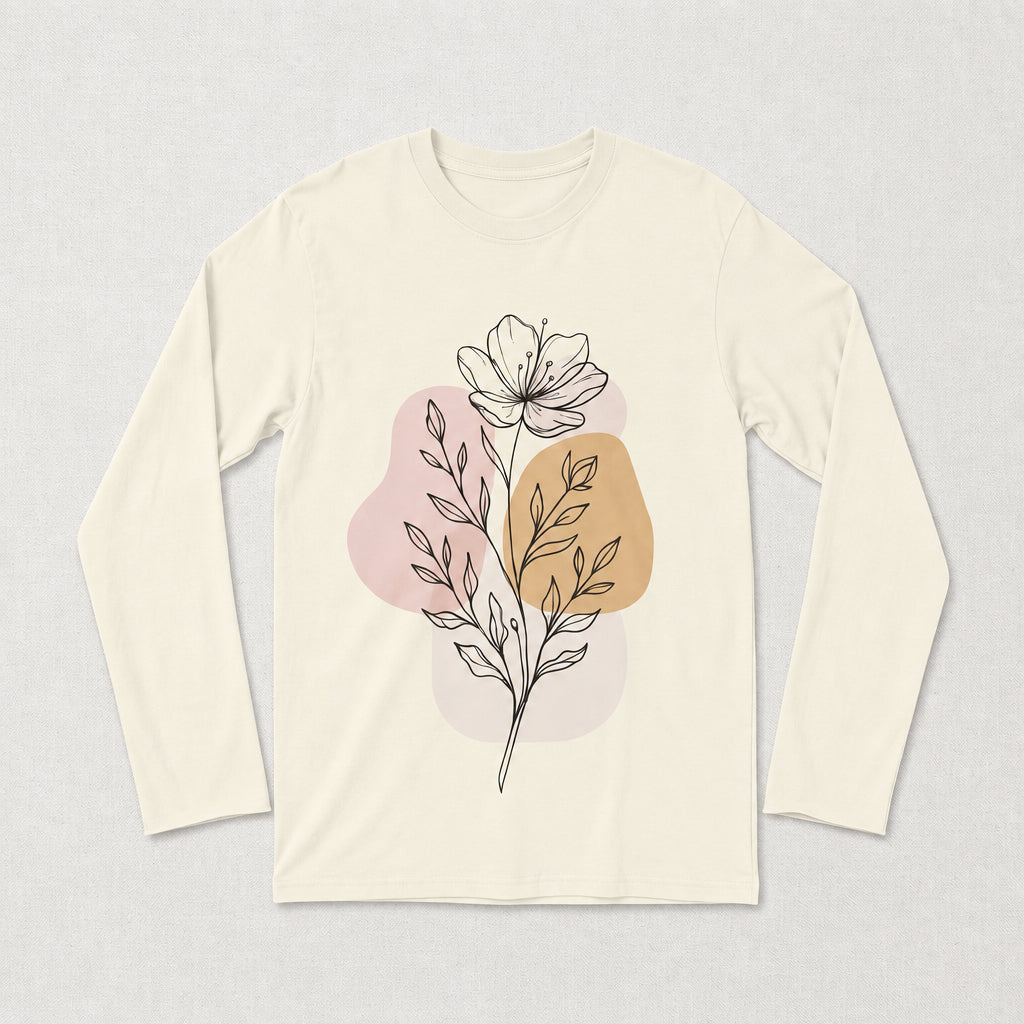 An off-white long-sleeve crewneck t-shirt featuring a central graphic of a black line-drawn flower and leaves layered over abstract pastel pink and tan shapes, displayed flat against a textured light beige background l AH Urban Wear