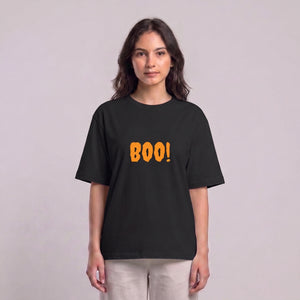 Women's black Boo! drop shoulder T-shirt with front graphic l AH Urban Wear