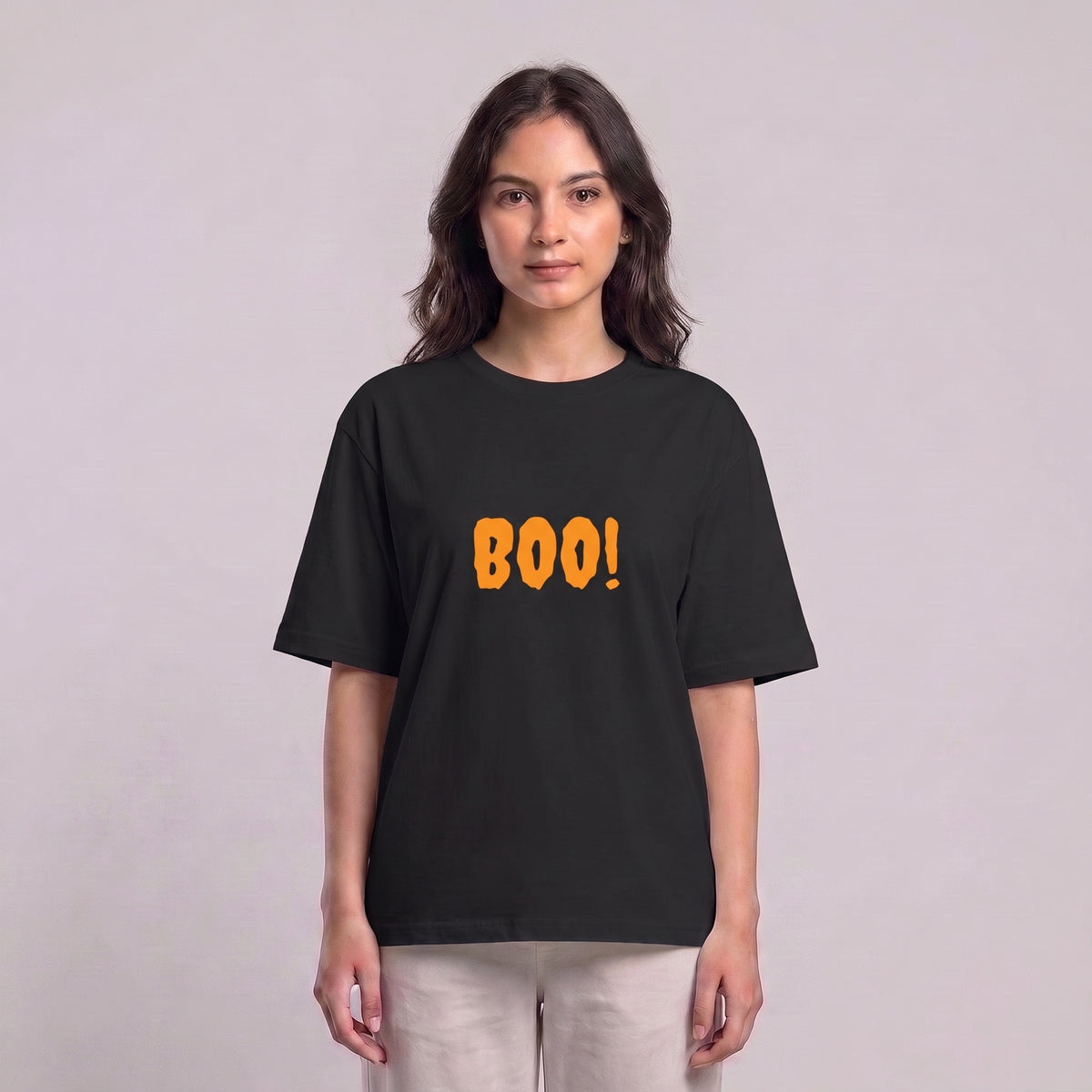 Women's black Boo! drop shoulder T-shirt with front graphic l AH Urban Wear