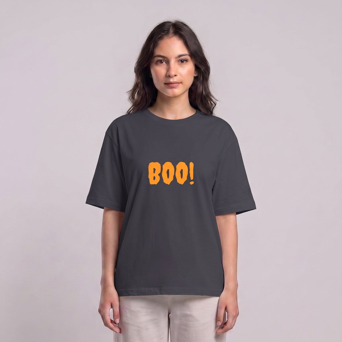 Women's dark grey Boo! drop shoulder T-shirt with front graphic l AH Urban Wear