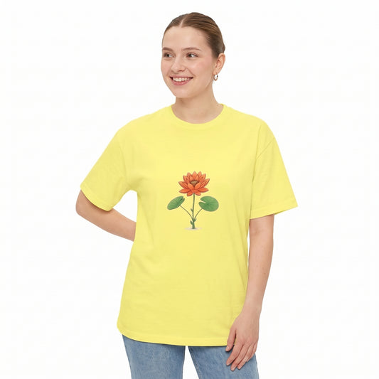 A woman modeling a bright yellow drop shoulder t-shirt with a graphic of an orange lotus flower and green leaves on the chest, set against a plain white background l AH Urban Wear