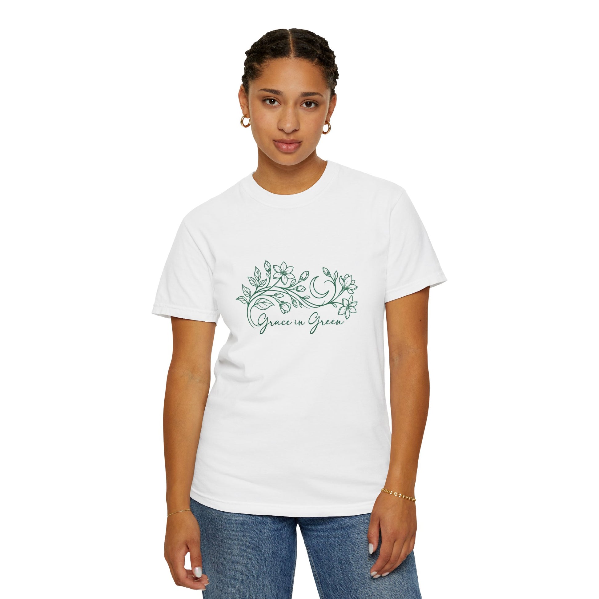 Person wearing a white t-shirt with 'grace in green' text on a white background l AH Urban Wear Pk