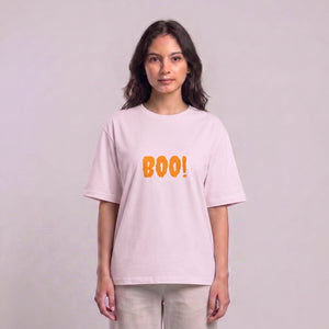 Women's light pink Boo! drop shoulder T-shirt with front graphic l AH Urban Wear