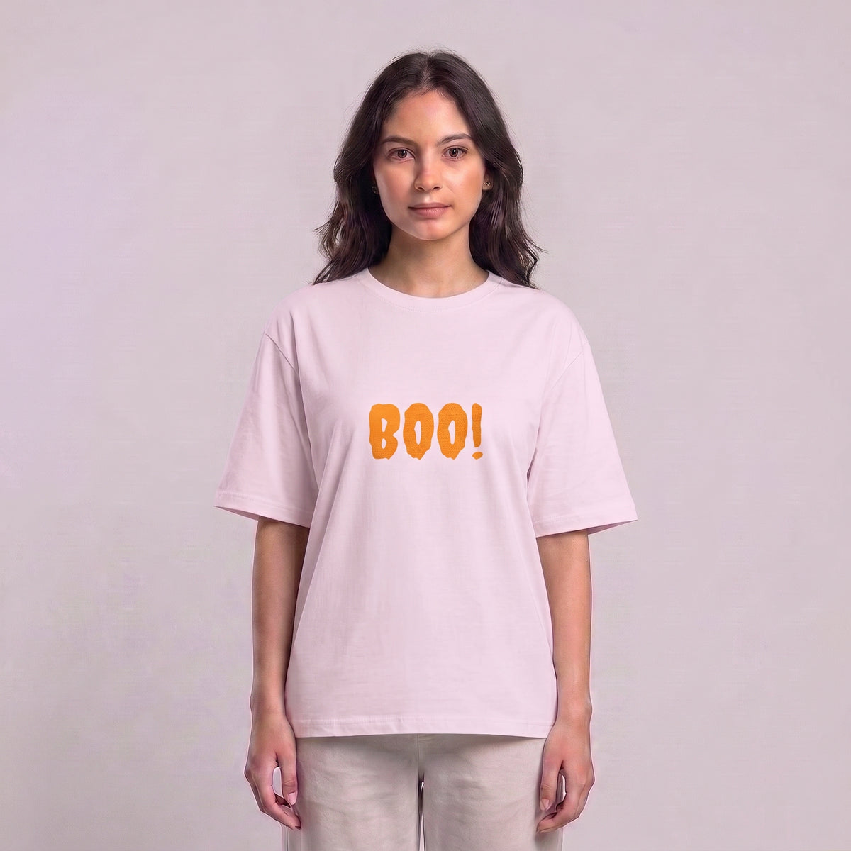 Women's light pink Boo! drop shoulder T-shirt with front graphic l AH Urban Wear