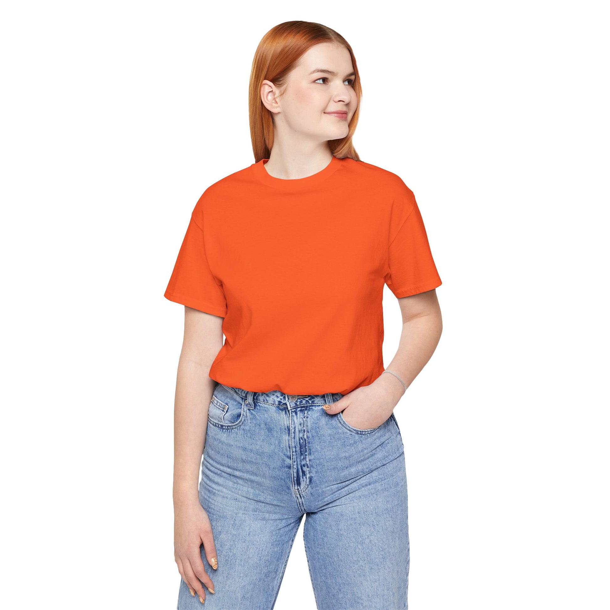 women wearing a plain orange t-shirt with a logo and blue jeans on a white background | AH Urban Wear PK